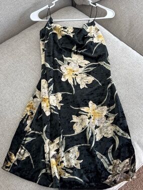 Black Velvet Floral Slip Dress with Gold Accents